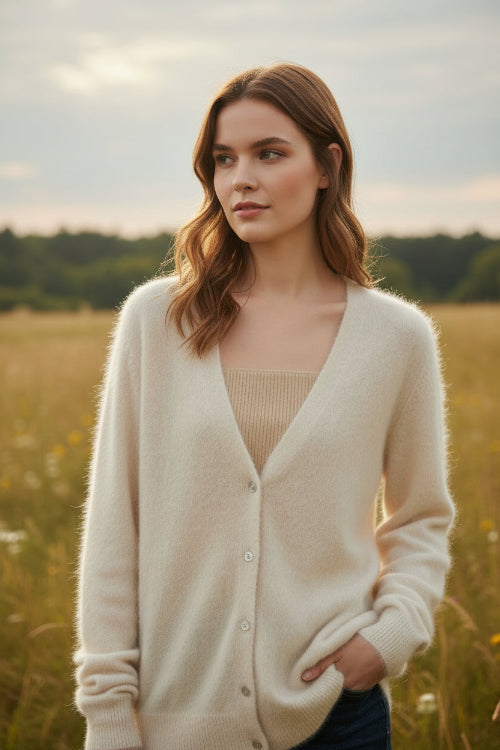 A person wearing a fuzzy cream-colored V-neck cardigan over a ribbed beige top, standing in front of a large window with a city view.