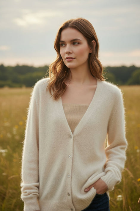 A person wearing a fuzzy cream-colored V-neck cardigan over a ribbed beige top, standing in front of a large window with a city view.