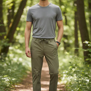Khaki pants with a drawstring on a white background