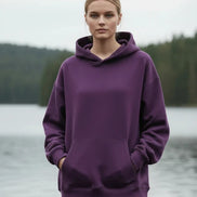 Purple hoodie worn by a person on a white background