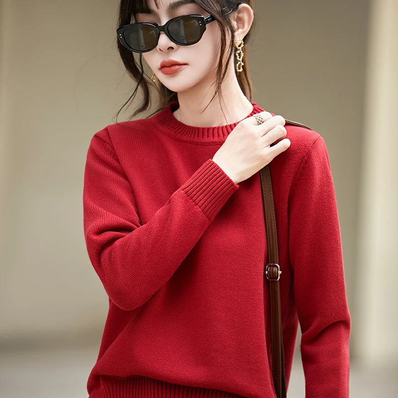 Women's autumn and winter 100% pure cotton knitted round neck soft pullover casual solid color warm sweater fashionable hot sell
