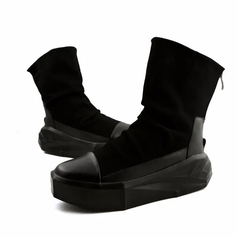 Men 6 cm Height Increasing Platform Boots Back Zip Leather Shoes Male Mixed Colors Y3 High Top Black White Men's Boots