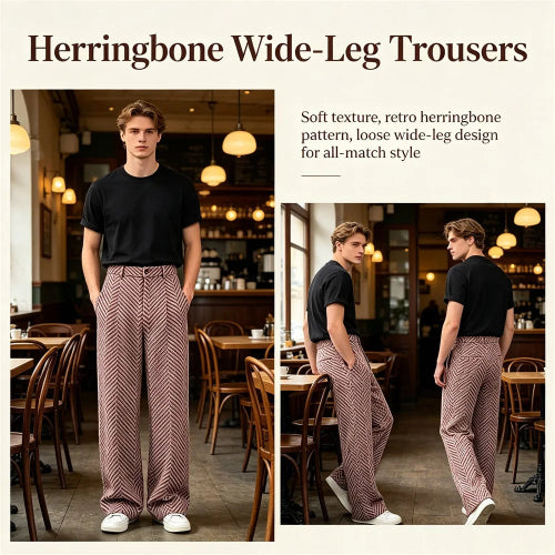 Promotional collage for herringbone wide-leg trousers showing the pants worn in a cafe