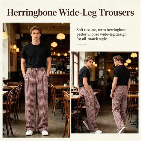 Promotional collage for herringbone wide-leg trousers showing the pants worn in a cafe