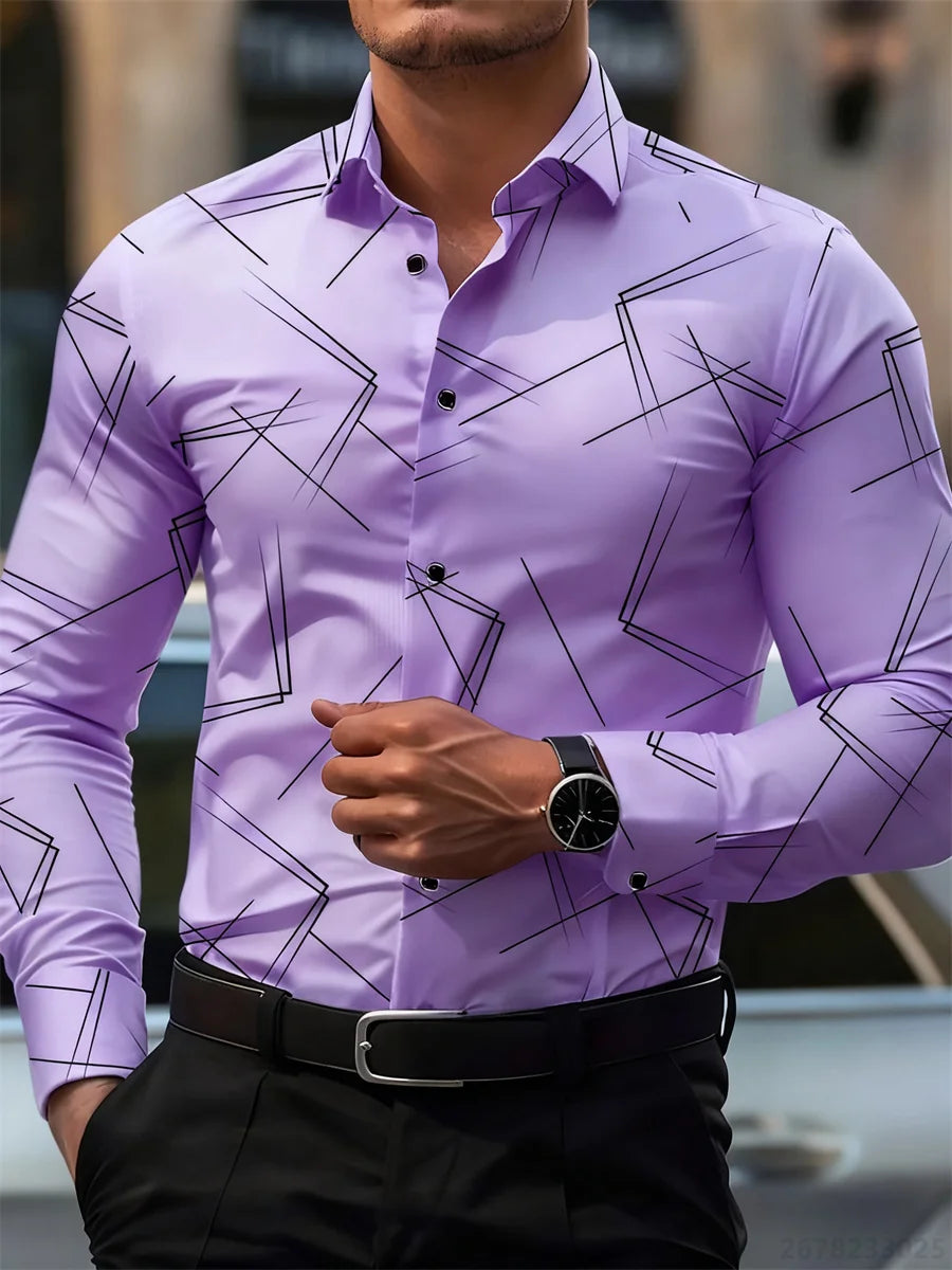 Men's Slim Fit Long-Sleeved Geometric Line Print Shirt - Non-Iron