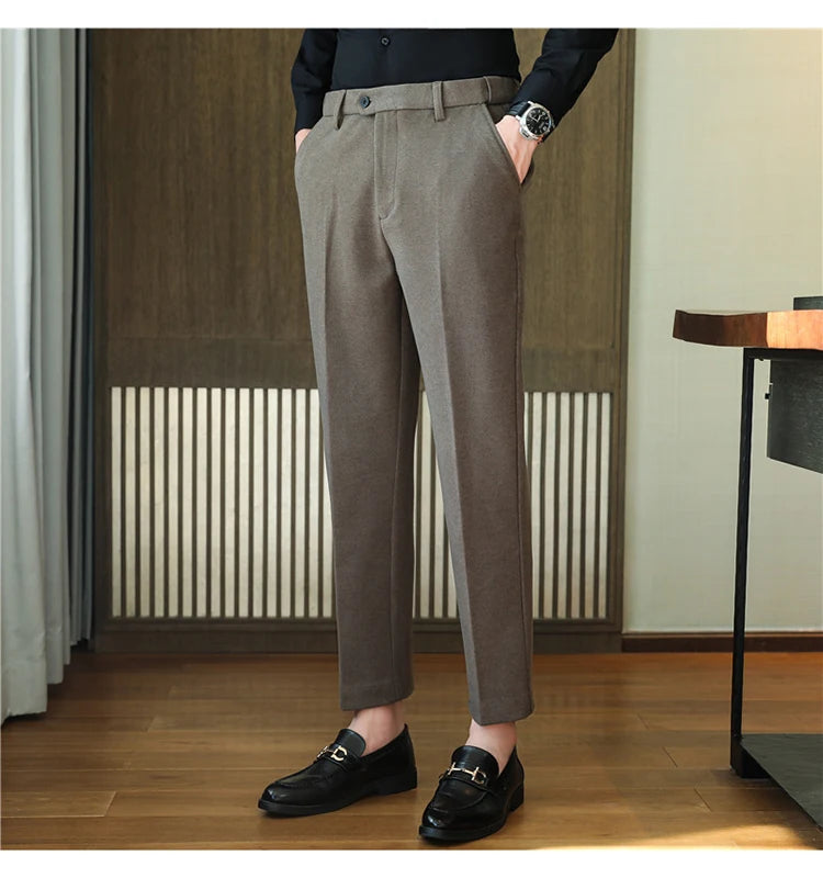 2025 Autumn and Winter Coffee Stretchable Waist Thickened Brushed Casual Pants for Men,multi-color Thick Men's Woolen Suit Pants