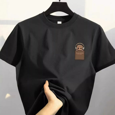 Black t-shirt with a white logo on a hanger