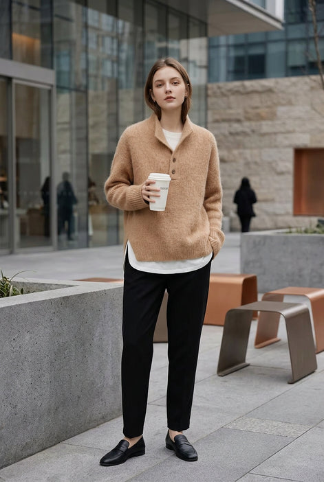 A woman wearing a cozy camel-colored knit cardigan over a white top, holding a takeaway coffee cup in a softly lit indoor setting.