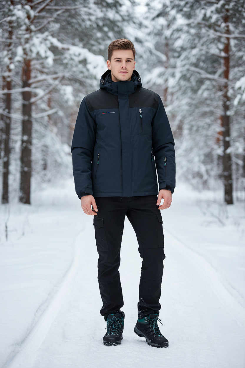 Dark gray jacket with a hood on a white background