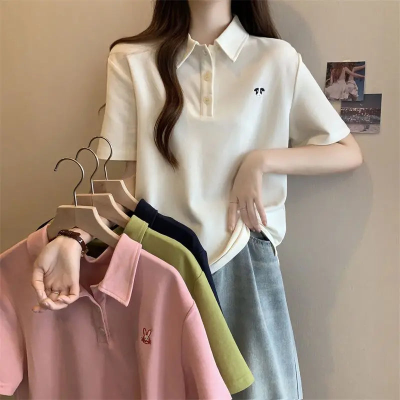 Pink Woman 100℅ Cotton Tshirt Embroidery Polo Neck T Shirt for Women Korean Clothing Y2k Fashion High Quality Youthful Elegant