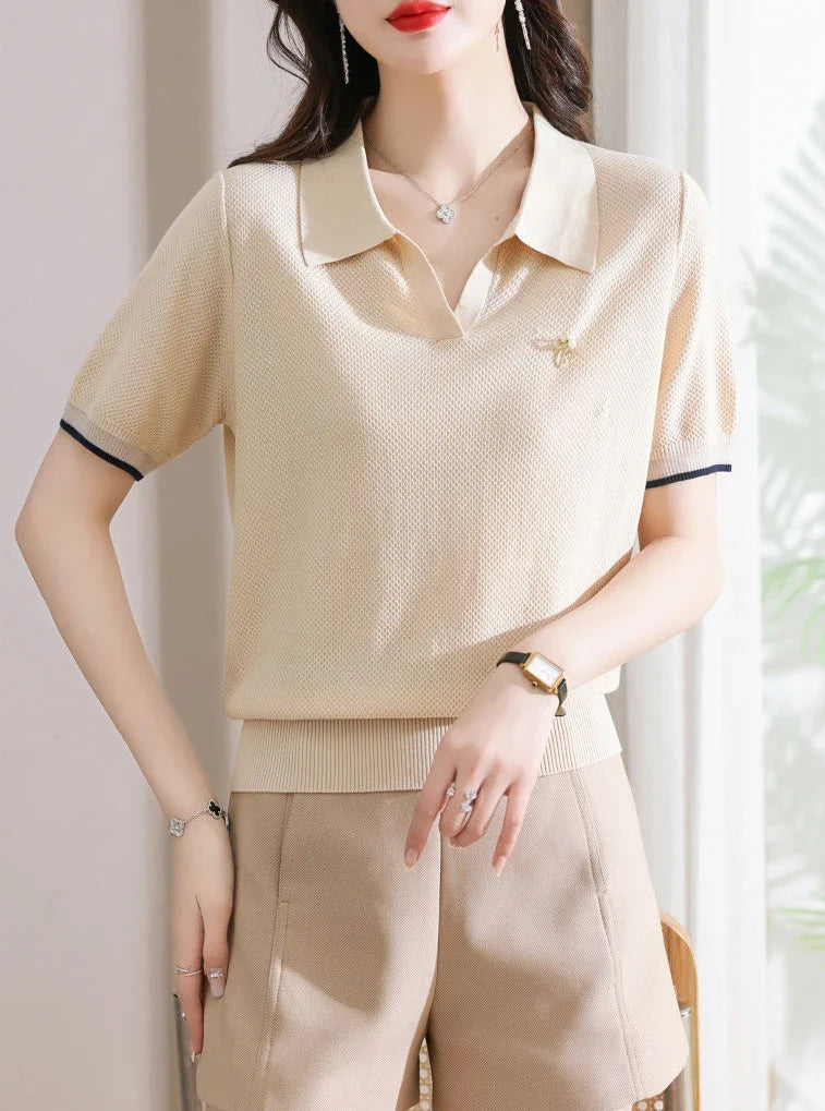 Female Tee Baggy Plain Knitted Cute T-shirts Kawaii Women's Polo Pulovers Offer Comfortable Summer 2025 with Collar New On