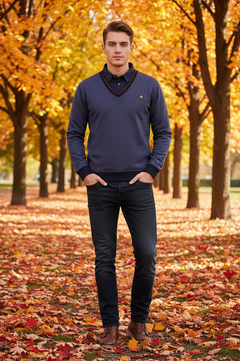 Blue fleece pullover with a flame graphic on a white background