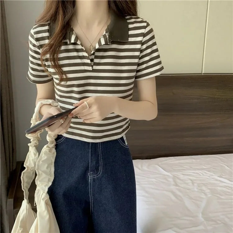 Chic V Neck Short Length Striped Short Sleeve Polo T Shirt For Women Summer 2026 New Niche Top