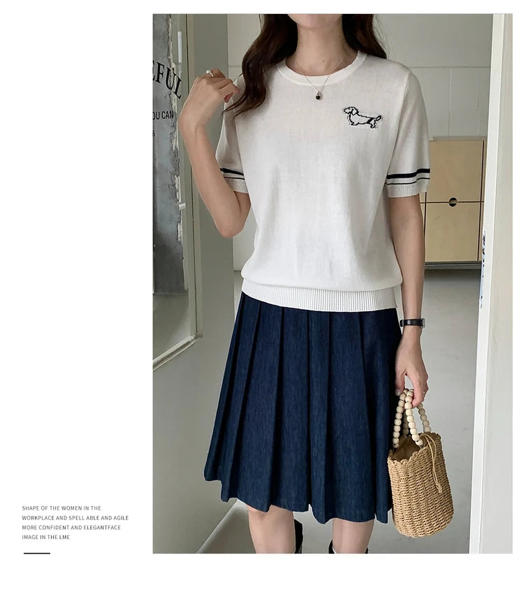Summer 100% cotton women's T-shirt casual solid color knitted pullover short sleeved loose round neck Tees Pull embroidered Tops