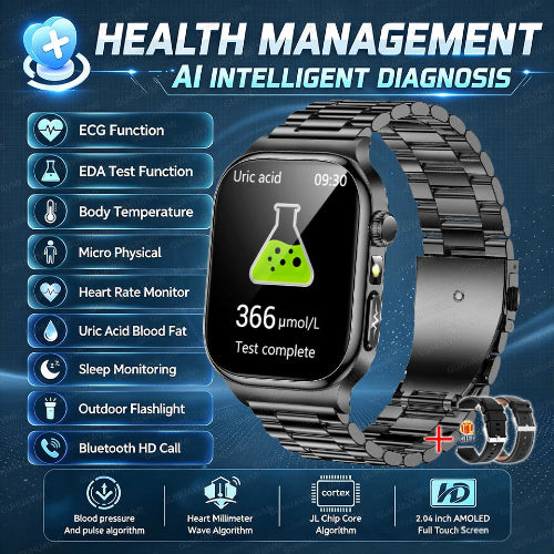 A black smartwatch with a metallic link band shown on a blue promotional graphic. The watch screen displays health test content, 