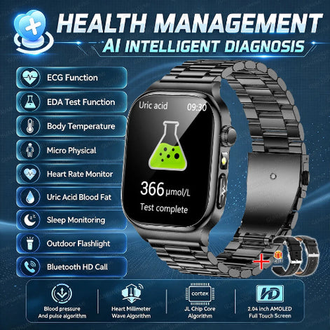A black smartwatch with a metallic link band shown on a blue promotional graphic. The watch screen displays health test content, 