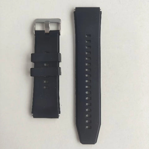 Black watch strap with buckle on a white background