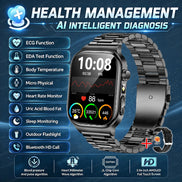 A black smartwatch with a metal link band shown on a blue promotional graphic. The watch screen displays a digital health interface 