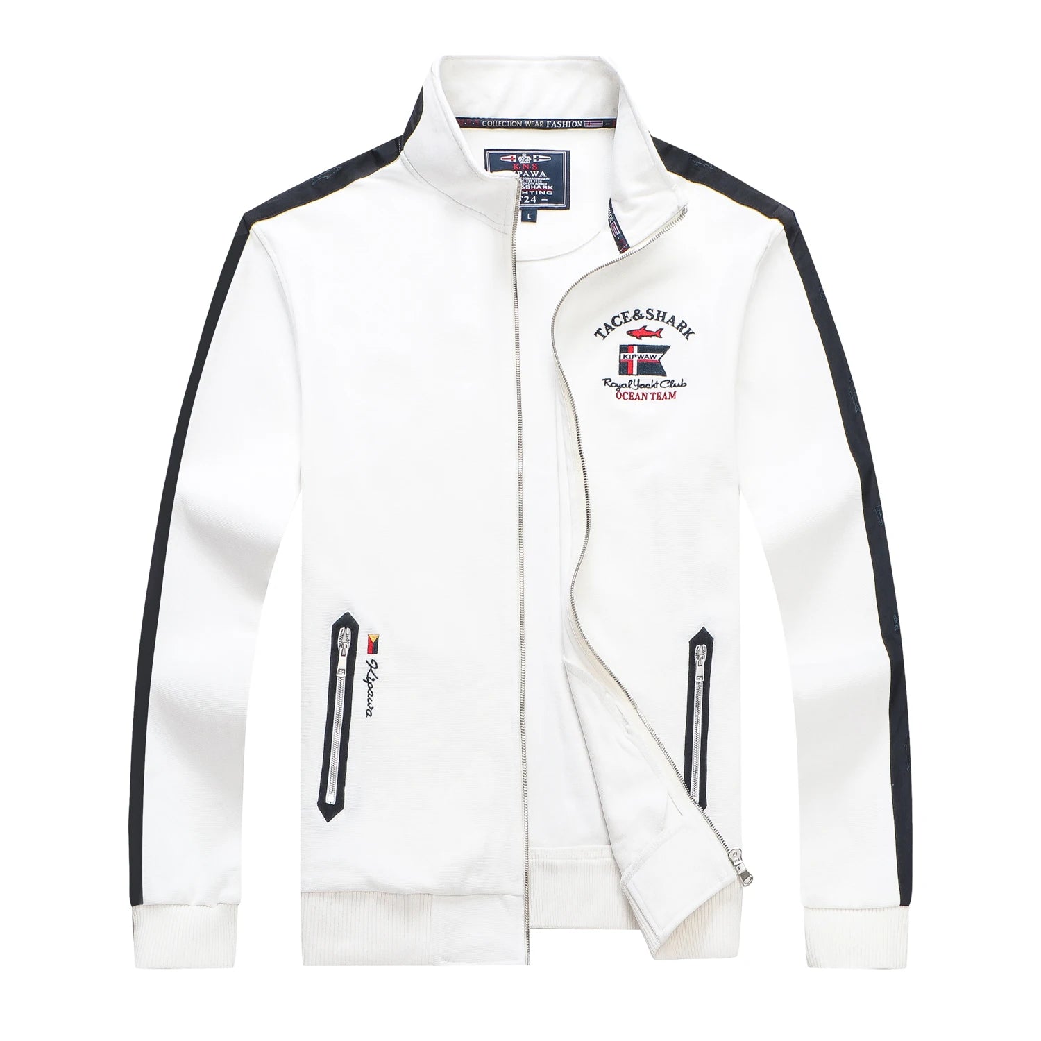 White jacket with black accents and brand logo on a white background