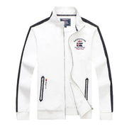 White jacket with black accents and brand logo on a white background