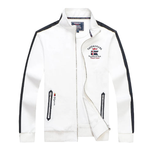 White jacket with black accents and brand logo on a white background