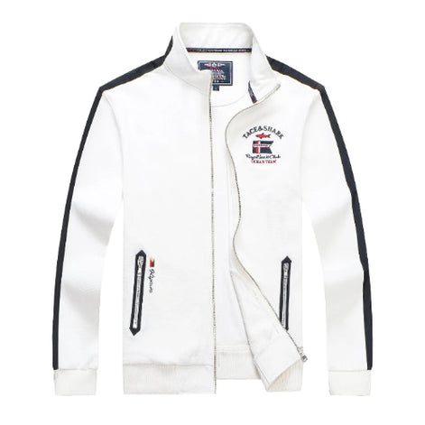White jacket with black accents and brand logo on a white background