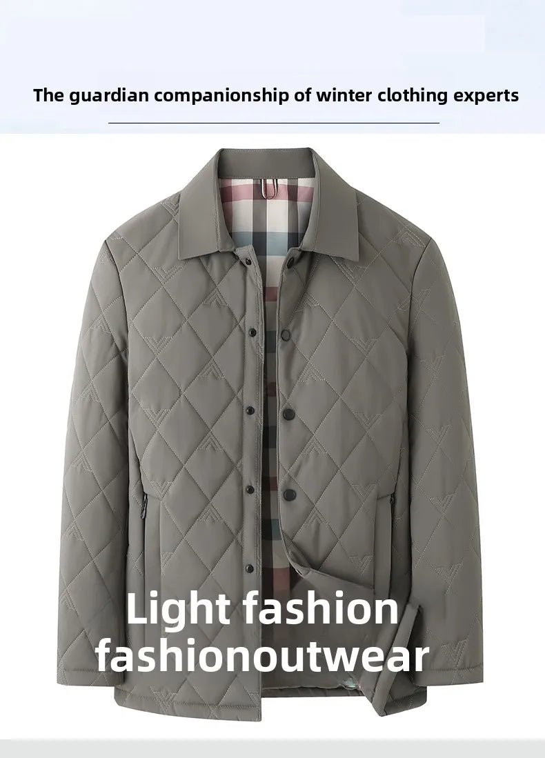 Top Grade Men Parka Jacket Windbreaker Coats Diamond Quilted Bubble Coat Middle-aged Winter Warmth Turn-Down Collar Coat