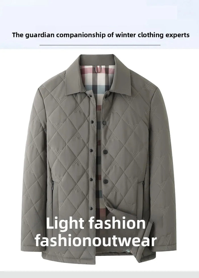 A men's quilted jacket in a muted gray-green color, featuring a diamond-quilted pattern, a pointed collar, and a button-up front. It is displayed on a white background with promotional text overlays.