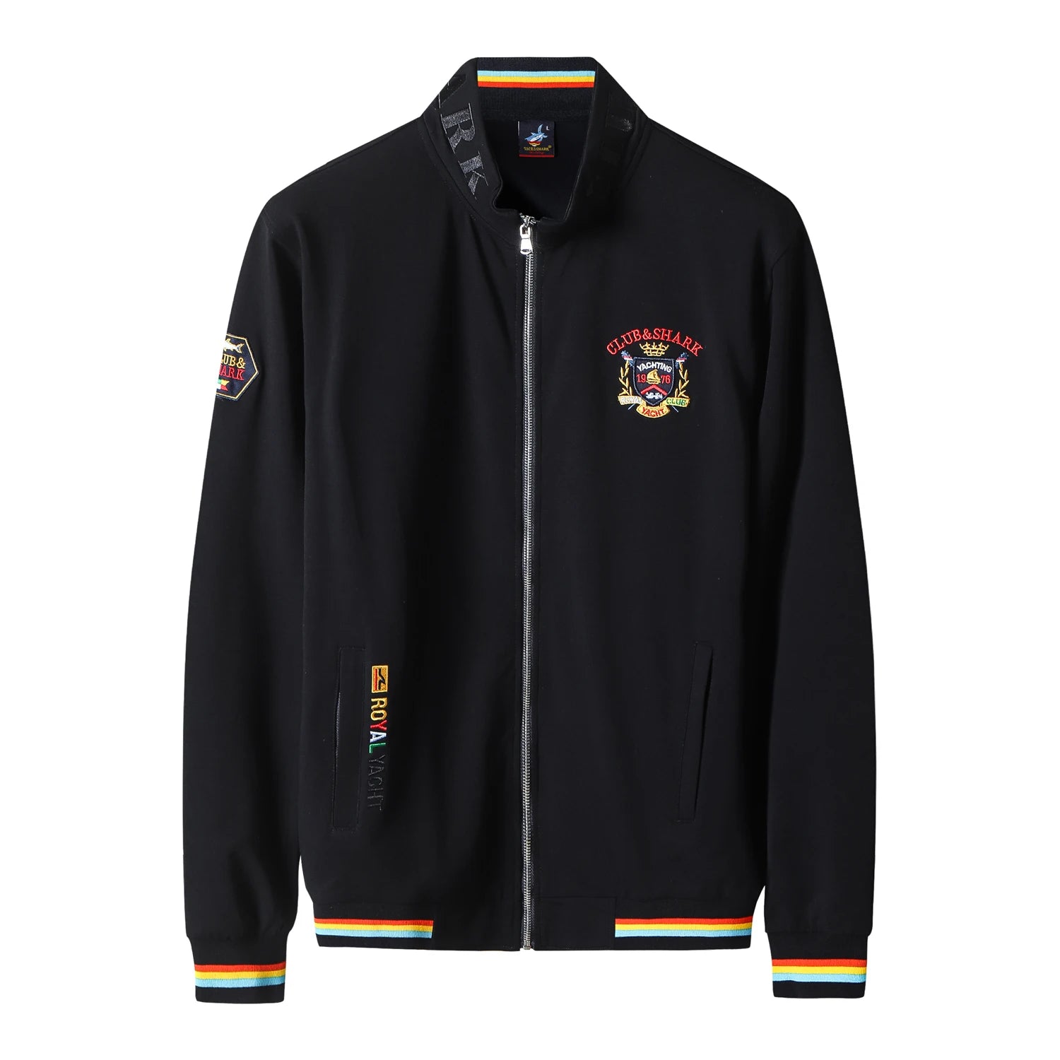 A black zip-up bomber jacket with colorful accents, featuring a 'Cleveland Browns' team crest on the left chest, a vertical 'PRO AWARD' patch on the right sleeve, and striped ribbed cuffs and hem.