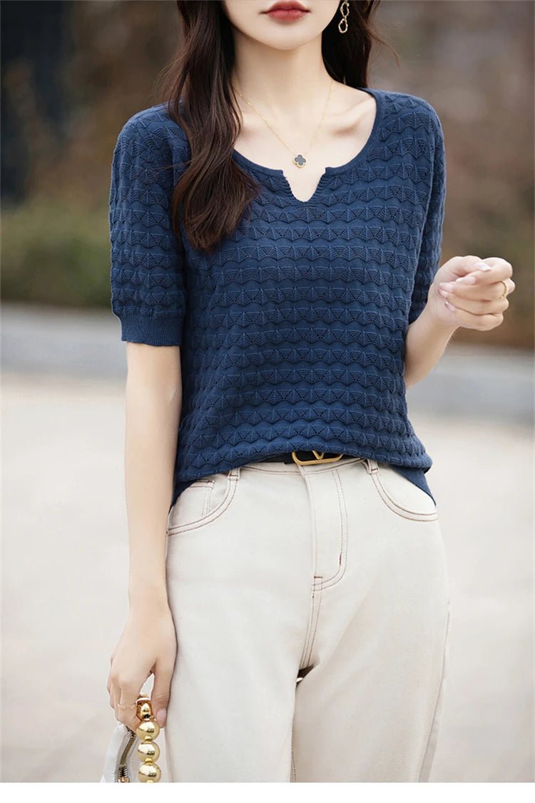 Women's T-shirt Summer New 100% Pure Cotton Tees Casual Solid Knitted Short sleeved V-neck Pullover Loose Tops Fashion Sweater