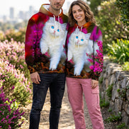 A pullover hoodie featuring a full-body printed graphic of a fluffy white cat with bright blue eyes sitting among pink flowers, shown on a plain white background.