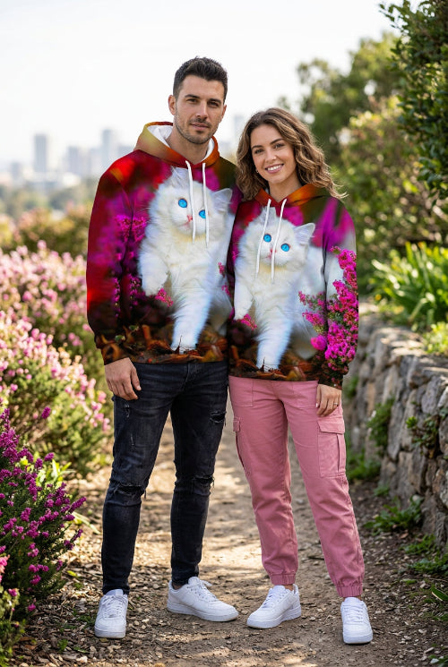 A pullover hoodie featuring a full-body printed graphic of a fluffy white cat with bright blue eyes sitting among pink flowers, shown on a plain white background.