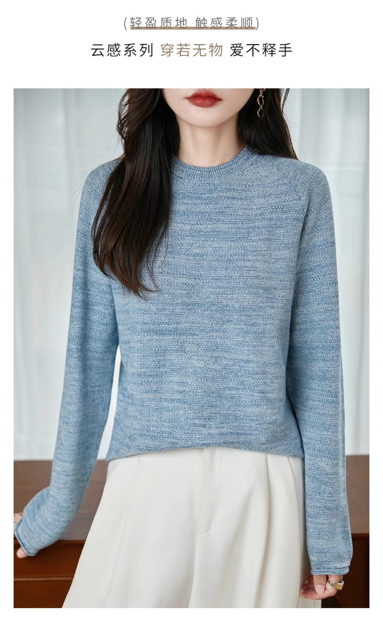 100% pure cotton women's knitted sweater casual round neck pullover for autumn and winter new women's top loose and hot selling