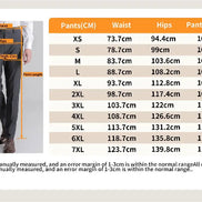 Pants sizing chart and measurement guide showing a side-body measurement diagram on the left and a size table on the right with waist, hips, and pant length