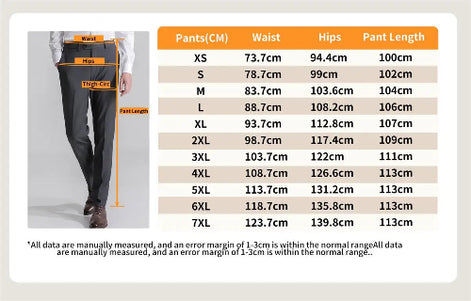 Pants sizing chart and measurement guide showing a side-body measurement diagram on the left and a size table on the right with waist, hips, and pant length 
