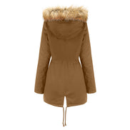 Brown parka coat with fur hood on a white background