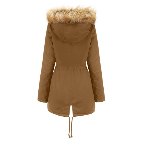 Brown parka coat with fur hood on a white background