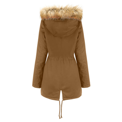 Brown parka coat with fur hood on a white background