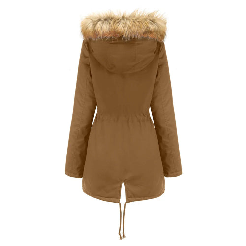 Brown parka coat with fur hood on a white background