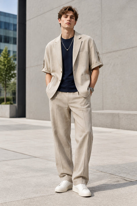 A men's light beige short-sleeve blazer styled over a black t-shirt and a silver necklace, presented on a white background 