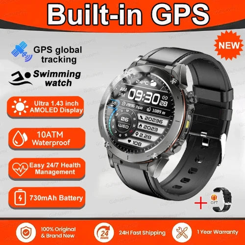 Smartwatch with built-in GPS features on a promotional background