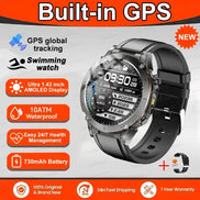 Smartwatch with built-in GPS features on a promotional background