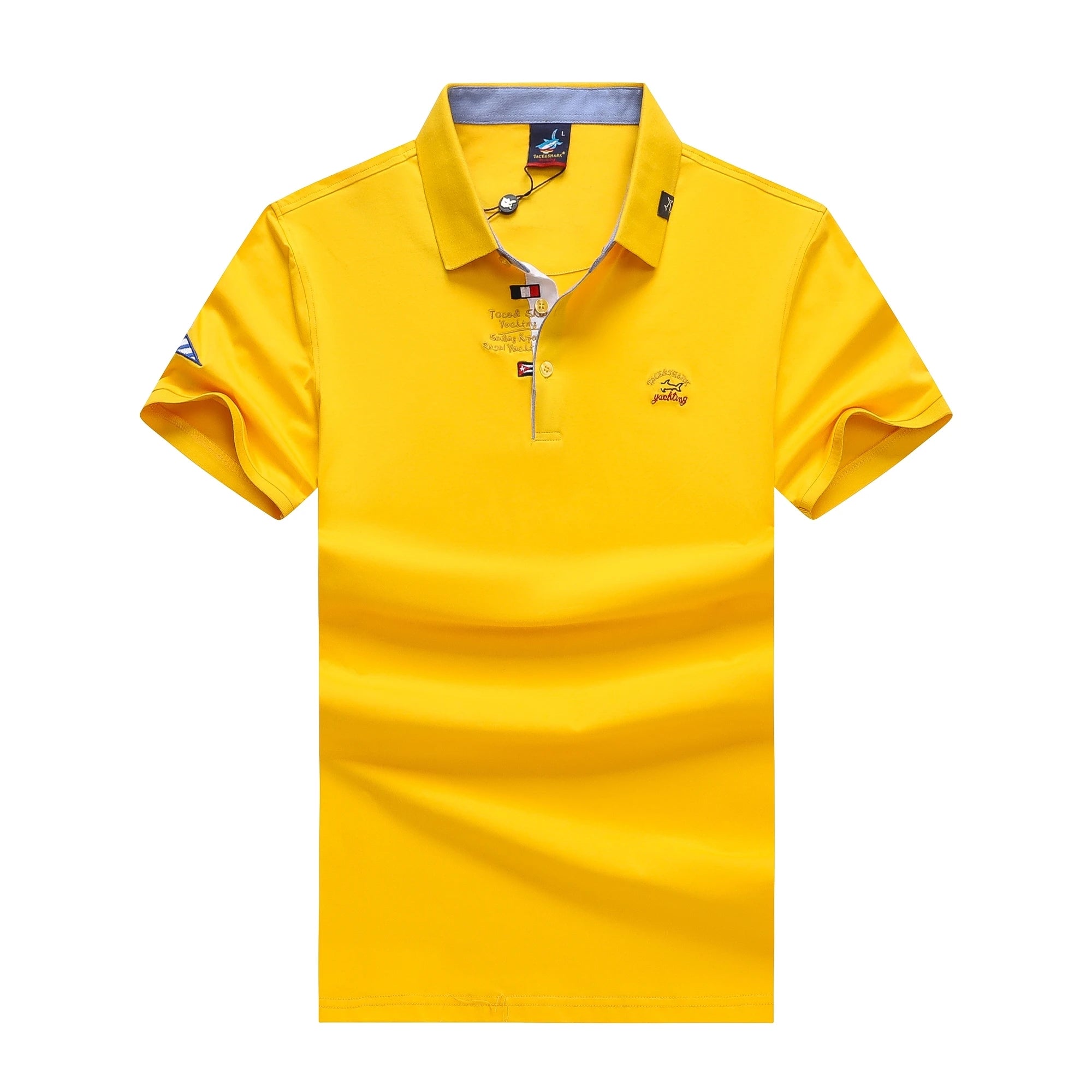 A bright yellow short-sleeve polo shirt with a three-button placket, featuring a small embroidered logo on the left chest and a blue inner collar lining, shown against a plain white background.