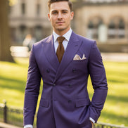 Purple suit with a brown tie and white shirt, featuring 'Customize Mens-Tuxe Store' text.