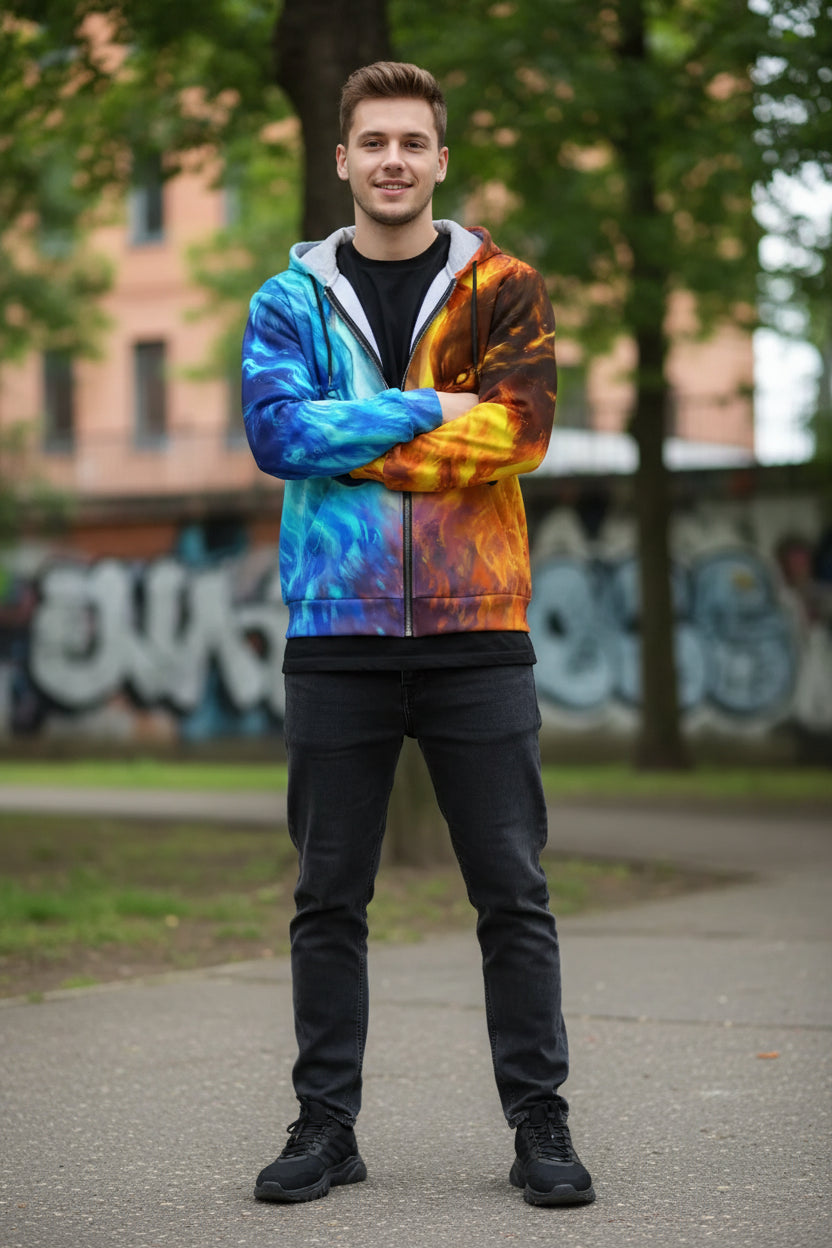 Hoodie with blue and orange wolf design on a white background