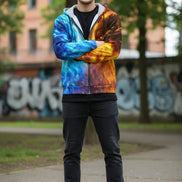 Hoodie with blue and orange wolf design on a white background