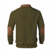 The back view of a men's ribbed knit sweater in olive green, featuring brown faux-leather elbow patches 