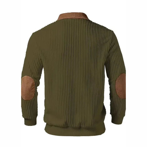 The back view of a men's ribbed knit sweater in olive green, featuring brown faux-leather elbow patches 