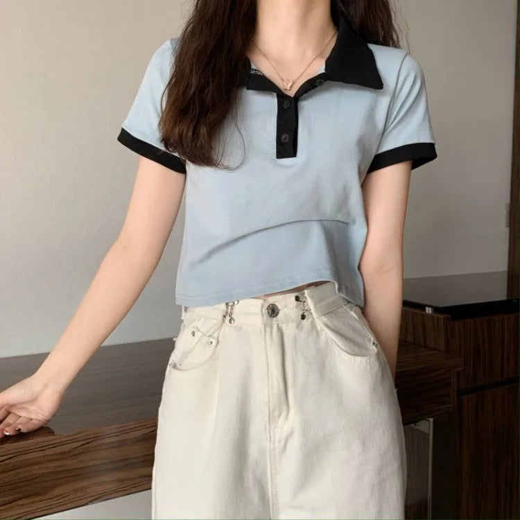 Summer 2026 Women New Arrival Slim Fit Versatile Polo Collar Color Block Short T Shirt Short Sleeve Unique Top Ins Trendy