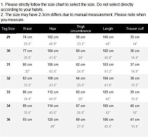 A size chart table with columns for Tag Size, Waist, Hips, Thigh circumference, Length, and Trouser cuff, showing measurements from 29 to 36 in centimeters and inches.